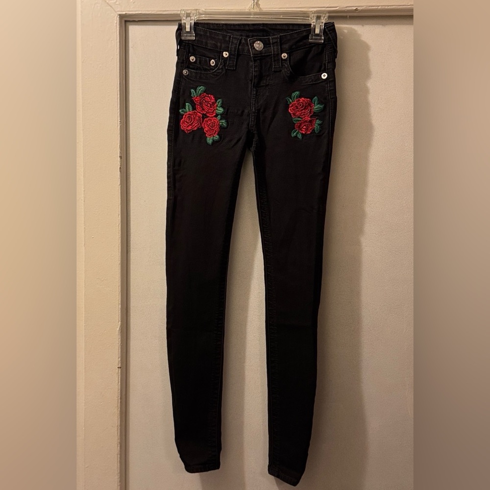 True Religion Super Skinny Black Jeans Rose Embroidery RN# 112790 Sz 25